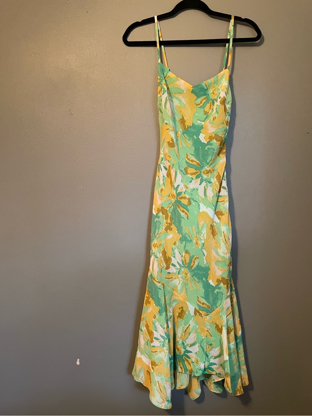 New All in Favor Sz XS Yellow and Green Tie Dye Midi Silky Slip Dress Ret $79!